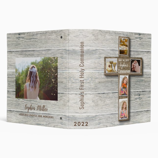 Rustic Wood Cross First Holy Communion Photo 3 Rin Ring Binder (Background)