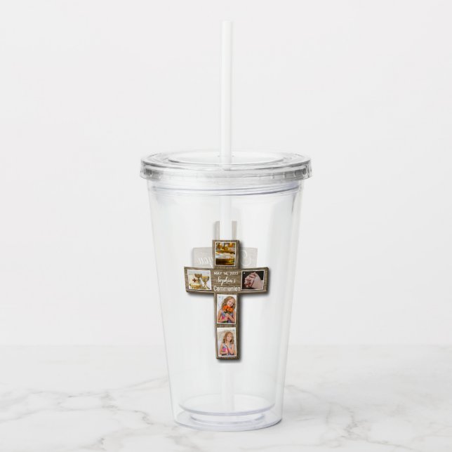 Rustic Wood Cross First Holy Communion Photo Acrylic Tumbler (Front)