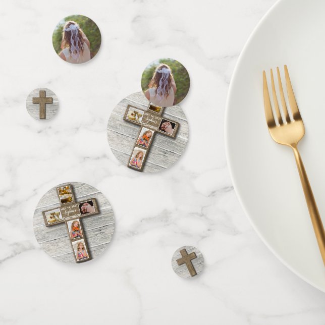 Rustic Wood Cross First Holy Communion Photo Confetti (Group)