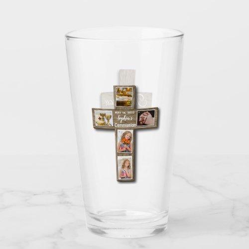 Rustic Wood Cross First Holy Communion Photo Glass