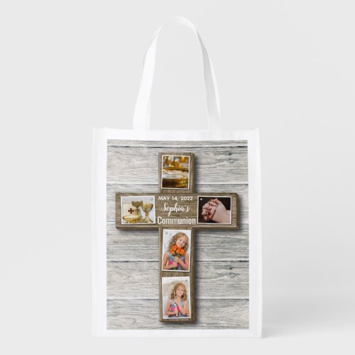 Rustic Wood Cross First Holy Communion Photo Grocery Bag