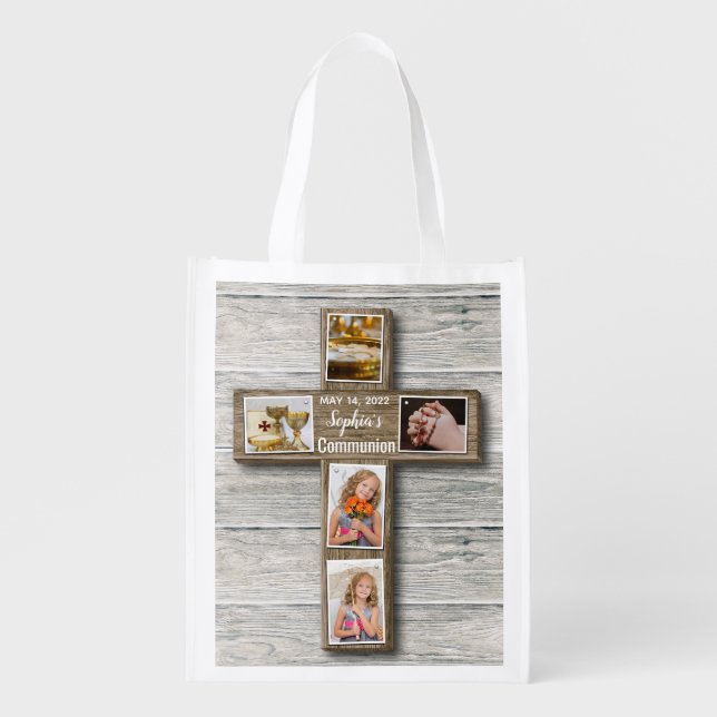 Rustic Wood Cross First Holy Communion Photo Grocery Bag (Front)