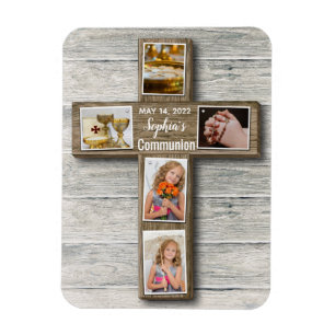 Rustic Wood Cross First Holy Communion Photo Magnet