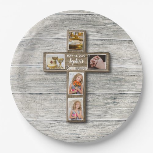 Rustic Wood Cross First Holy Communion Photo Paper Plates