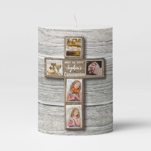 Rustic Wood Cross First Holy Communion Photo Pillar Candle