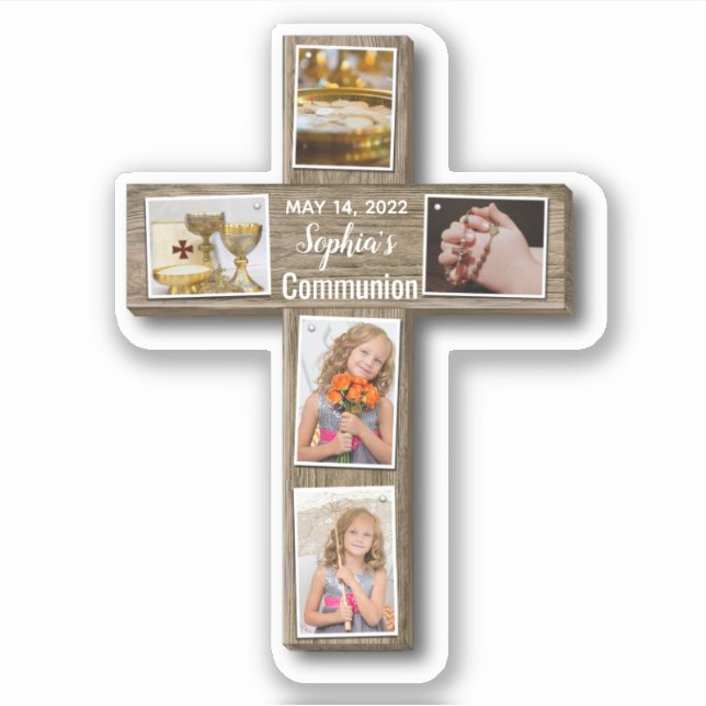 Rustic Wood Cross First Holy Communion Photo Sticker (Front)