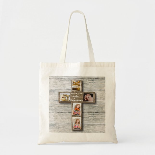 Rustic Wood Cross First Holy Communion Photo Tote Bag (Front)