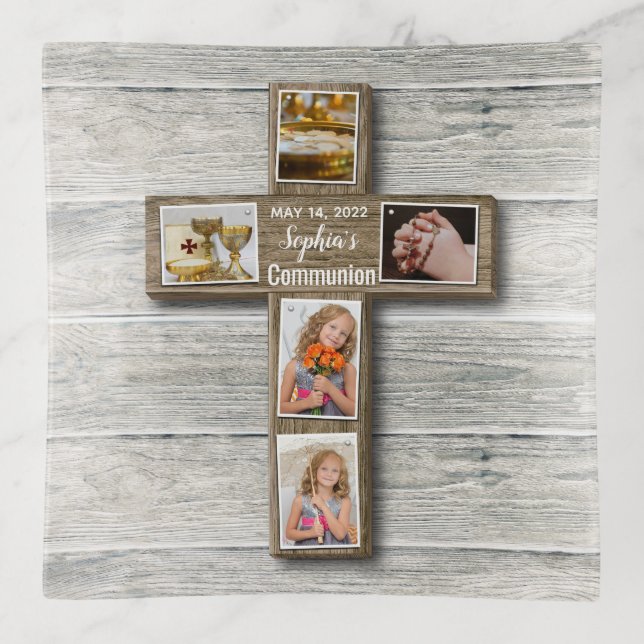 Rustic Wood Cross First Holy Communion Photo Trinket Tray (Front)