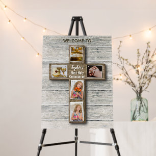 Rustic Wood Cross First Holy Communion Welcome Foam Board