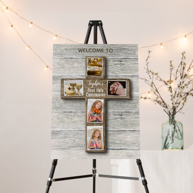 Rustic Wood Cross First Holy Communion Welcome Foam Board (In Situ (Stand))