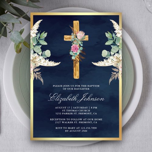 Rustic Wood Cross Pampas Eucalyptus Navy Baptism Invitation