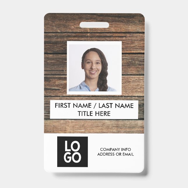Rustic Wood Custom Employee Photo Name Badge (Front)