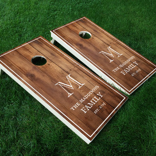 Rustic Wood Custom Family Monogram Name Farmhouse Cornhole Set
