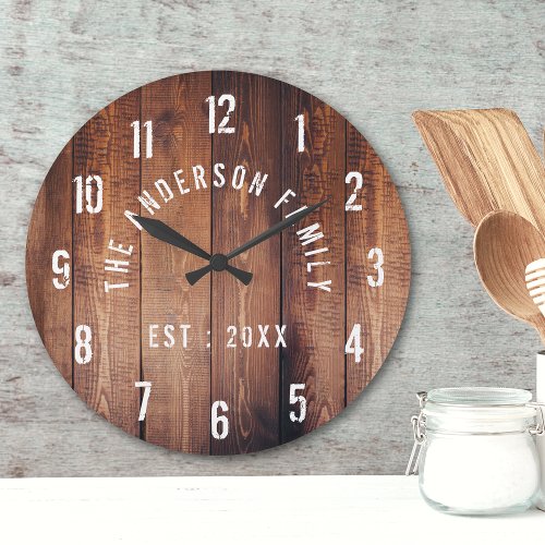 Rustic Wood Custom Family Name Farmhouse Large Clock