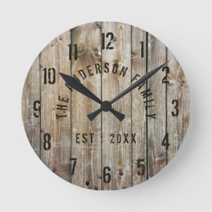 Rustic Wood Custom Family Name Farmhouse Round Clock