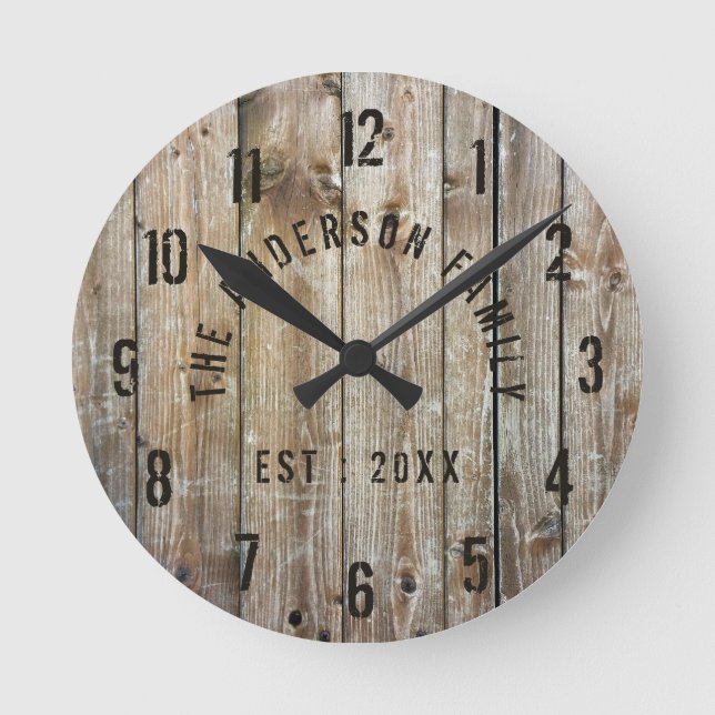 Rustic Wood Custom Family Name Farmhouse Round Clock (Front)