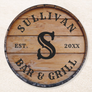Rustic Wood Custom Family Name Monogram Initial  Round Paper Coaster