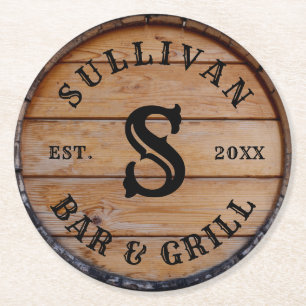 Rustic Wood Custom Family Name Monogram Initial Round Paper Coaster