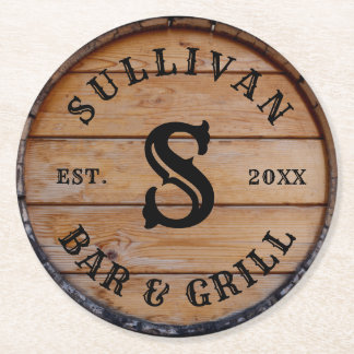 Rustic Wood Custom Family Name Monogram Initial  Round Paper Coaster