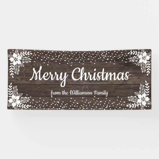 Rustic Wood Custom Floral Snow Christmas Party Banner (Horizontal)