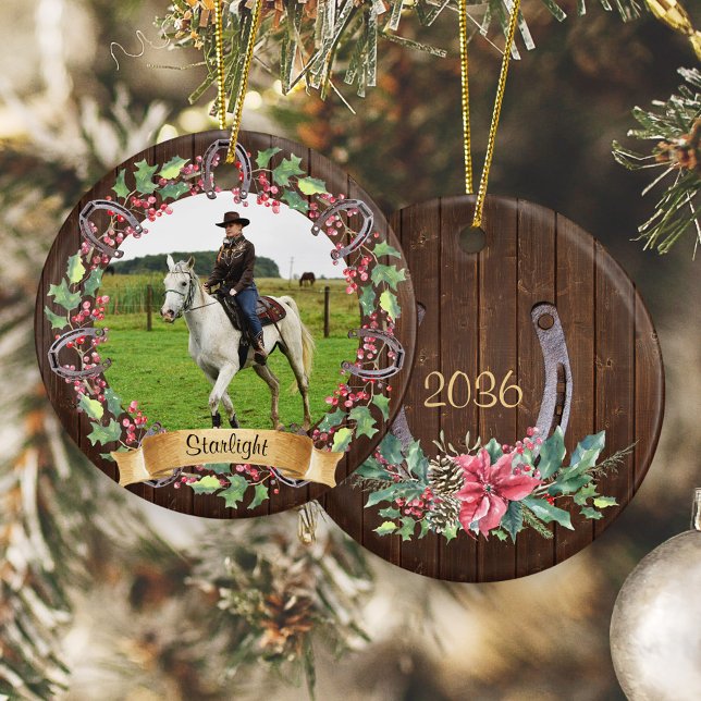 Rustic Wood Custom Horse Photo Christmas Ceramic Ornament (Creator Uploaded)