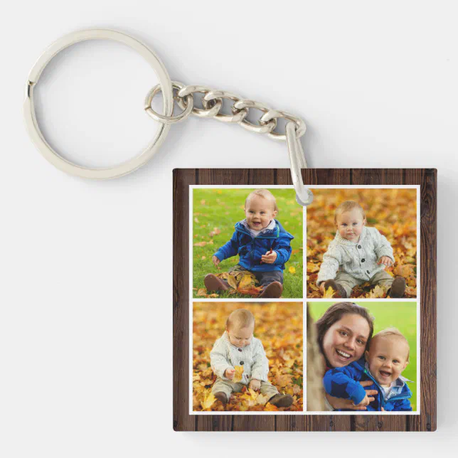 Rustic Wood Custom Monogram Family Photo Collage Keychain | Zazzle