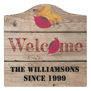 Rustic Wood Custom Name Autumn Leaves Welcome Door Sign