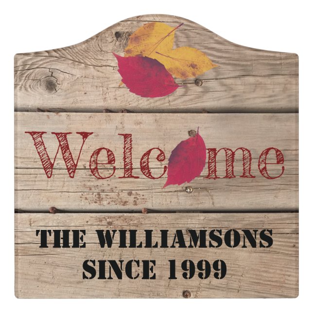 Rustic Wood Custom Name Autumn Leaves Welcome Door Sign (Large Crest Front)