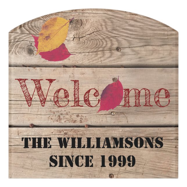 Rustic Wood Custom Name Autumn Leaves Welcome Door Sign (Contour Front)