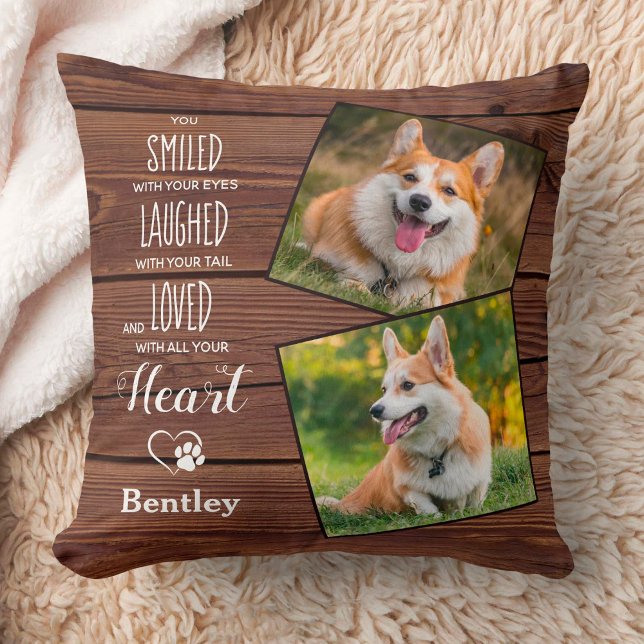 Rustic Wood Custom Pet Loss Dog Memorial 2 Photo  Throw Pillow (Creator Uploaded)