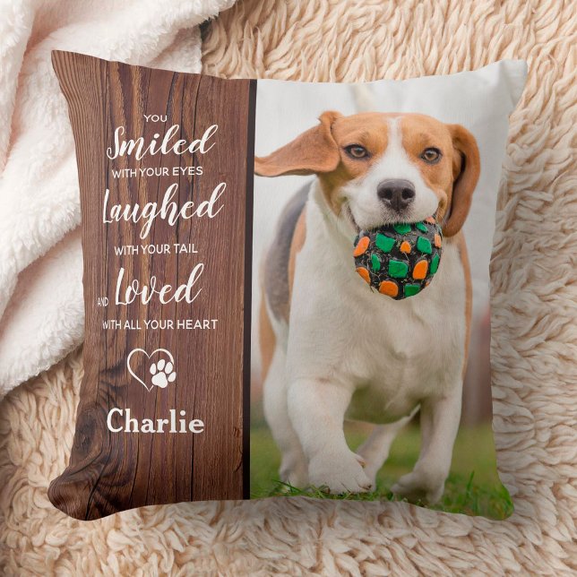 Rustic Wood Custom Pet Memorial Dog Loss 2 Photo Throw Pillow (Creator Uploaded)