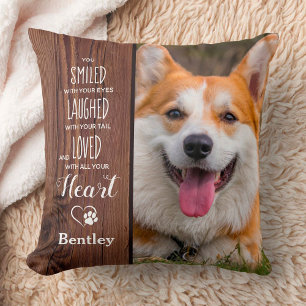 Rustic Wood Custom Pet Memorial Dog Photo Throw Pillow