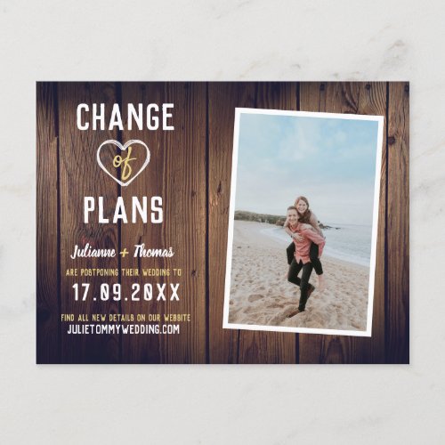 Rustic Wood Custom Photo Elegant Change of Plans Announcement Postcard