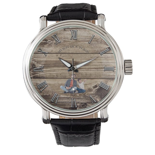 Rustic Wood Custom Photo Silver Numerals Watch (Creator Uploaded)