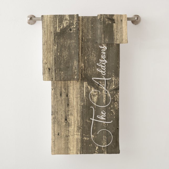 Rustic Wood Customized Family Name Bath Towel Set (Insitu)