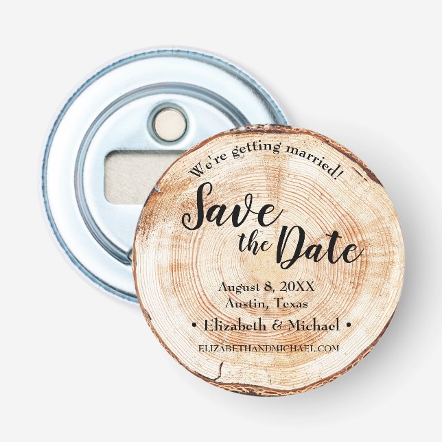 Rustic Wood Cut Disc Wedding Save the Date Bottle Opener (Front)