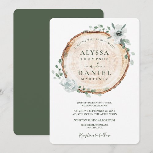 Rustic Wood Cut & Green Watercolor floral Wedding Invitation
