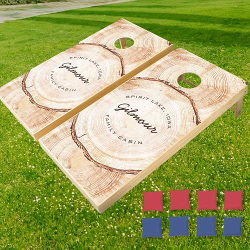 Rustic Wood Cut Slice Family Cabin Custom  Cornhole Set