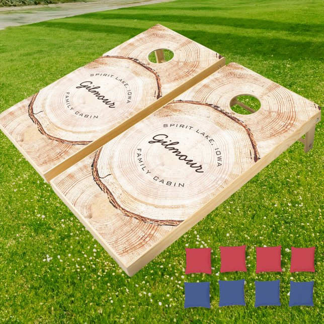 Rustic Wood Cut Slice Family Cabin Custom  Cornhole Set (Family cabin Customizable cornhole set outdoor game.)