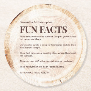 Rustic Wood Cut slice fun fact list Custom Wedding Round Paper Coaster