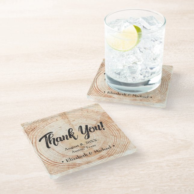 Rustic Wood Cut Thank You Wedding Glass Coaster (Angled)