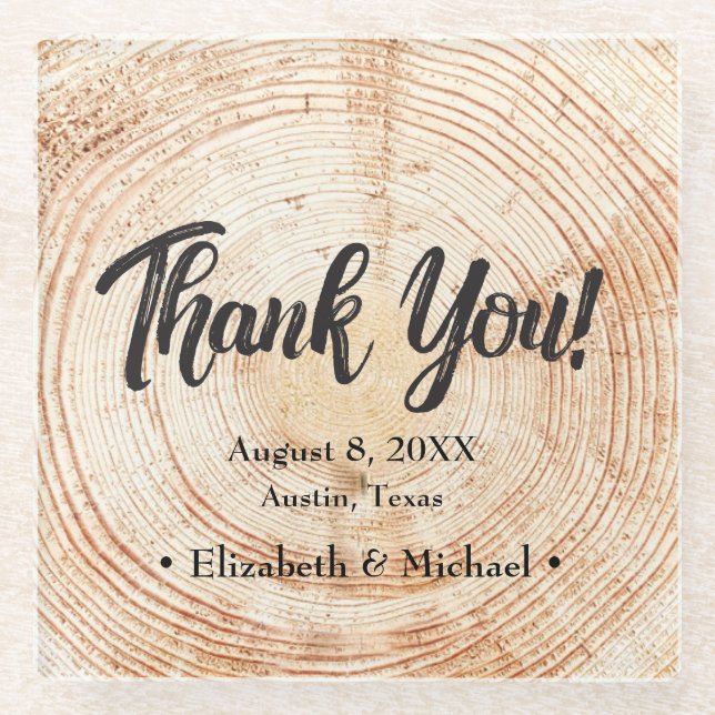 Rustic Wood Cut Thank You Wedding Glass Coaster (Front)