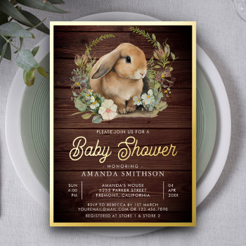 Rustic Wood Cute Bunny Floral Baby Shower Gold Foil Invitation by ShabzDesigns at Zazzle