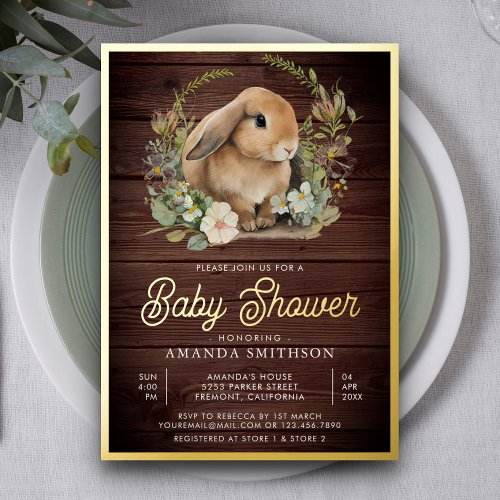 Rustic Wood Cute Bunny Floral Baby Shower Gold Foil Invitation