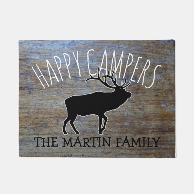 Rustic Wood Cute Camping Elk |  Happy Campers Doormat (Front)