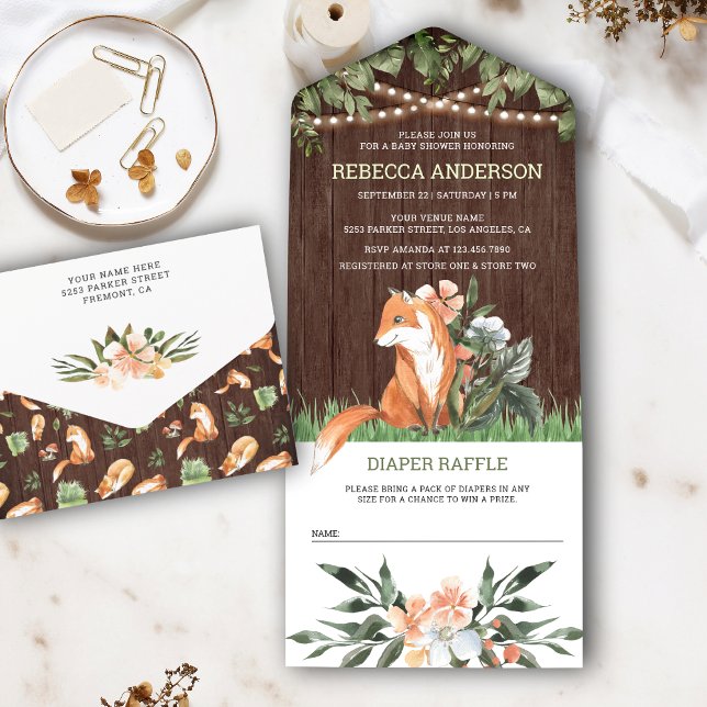 Rustic Wood Cute Fox Woodland Baby Shower All In One Invitation (Creator Uploaded)