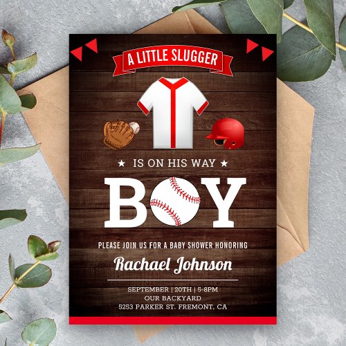 Rustic Wood Cute Sports Boy Baseball Baby Shower Invitation