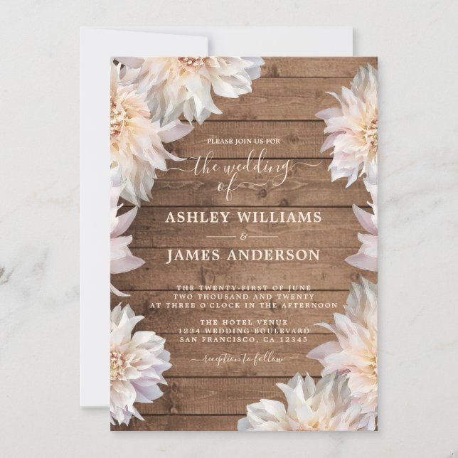 Rustic Wood Dahlia Pink Floral Wedding Invitation (Front)