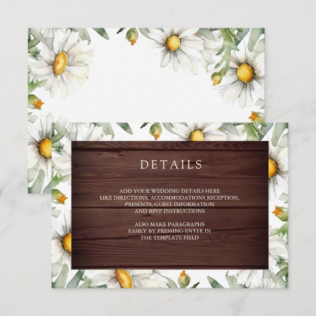 Rustic Wood Daisies Floral Wedding Details Enclosure Card (Front/Back)