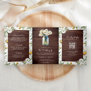 Rustic Wood Daisies Mason Jar QR Code Wedding Tri-Fold Invitation